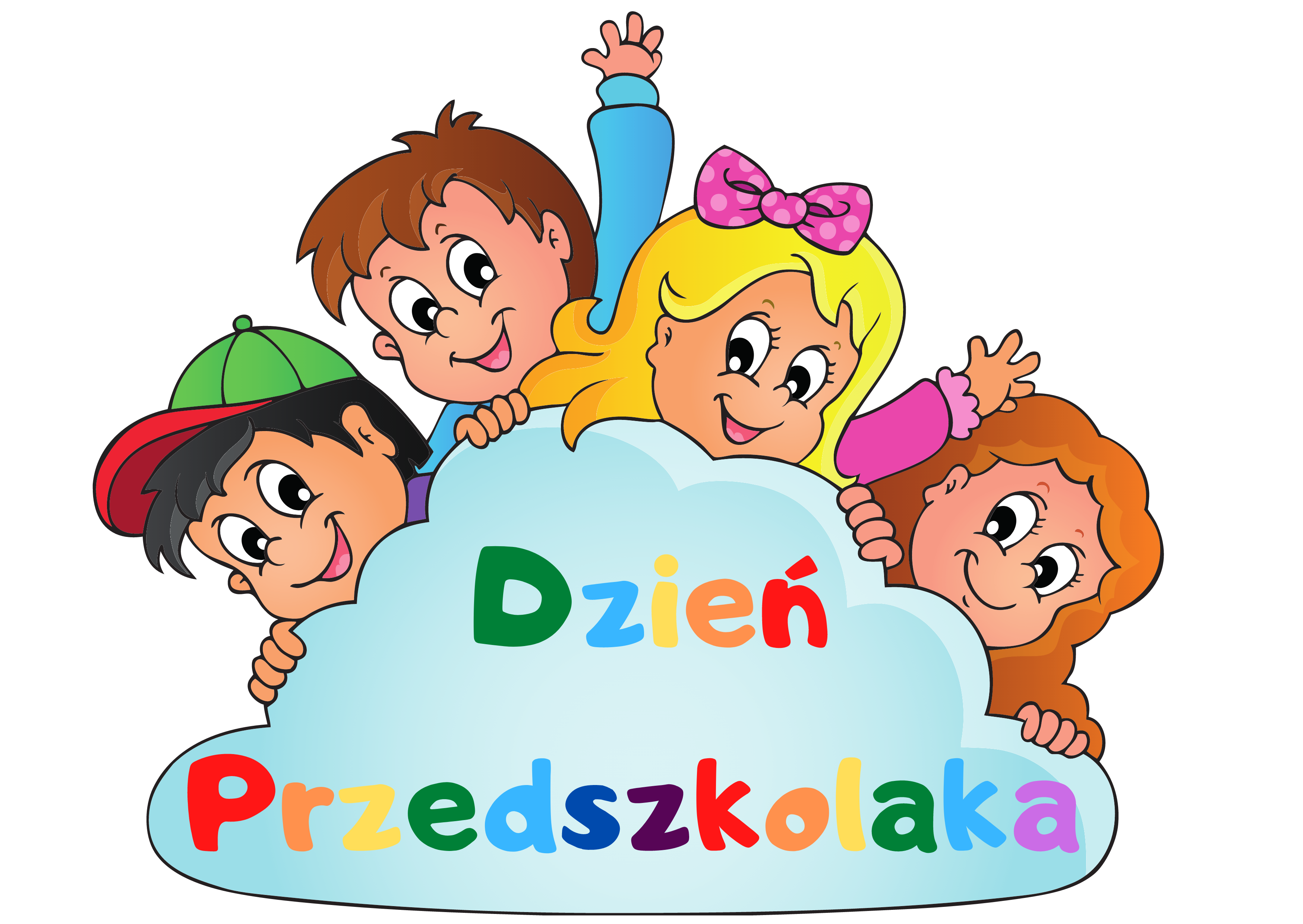Rysunek czworga radosnych dzieci wyglądających zza chmurki z kolorowym napisem „Dzień Przedszkolaka”