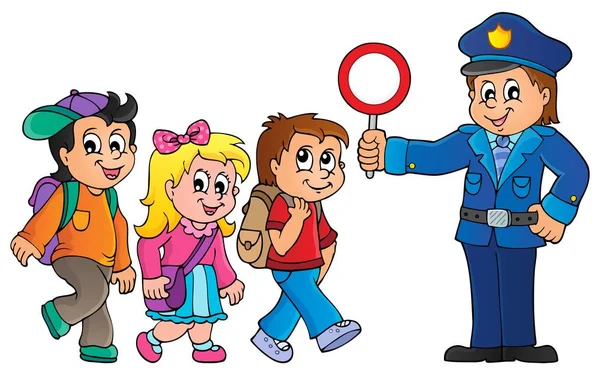 Rysunek policjanta z lizakiem do zatrzymywania ruchu, obok trojga dzieci z plecakami