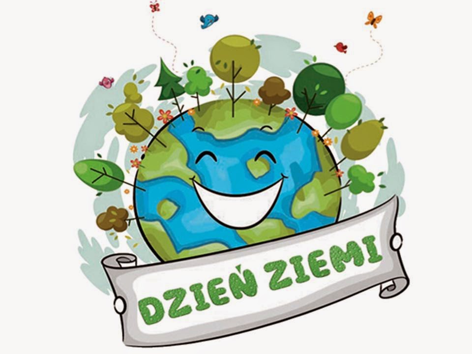 Rysunek uśmiechniętej kuli ziemskiej z drzewami i wstęgą z napisem „Dzień Ziemi”